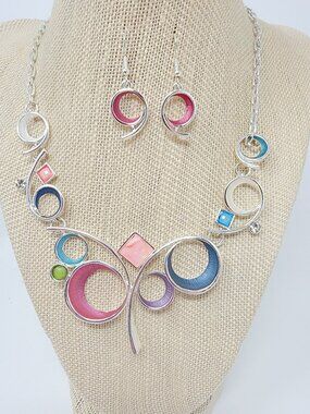 Silver Tone Colorful Enamel Abstract Circle Statement Necklace Set Earrings